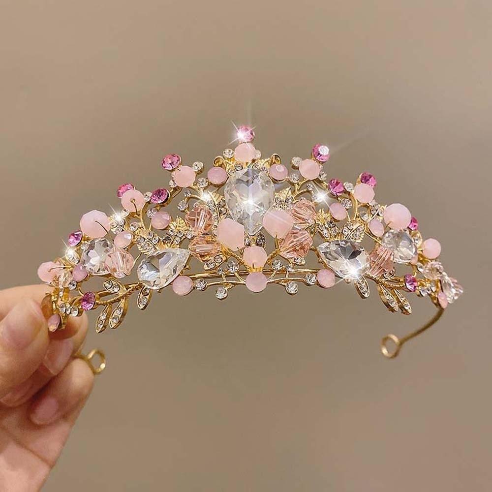 Vintage Pink Floral Crown Shiny Princess Rhinestone Tiara Luxury Crown Hair Accessory  Party