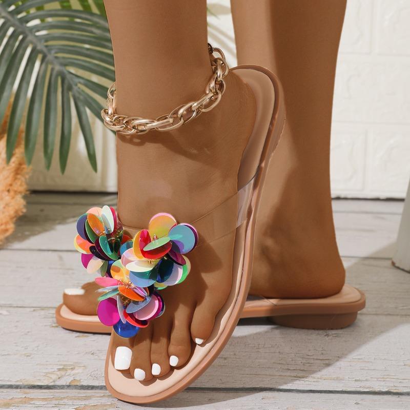 Fashion Summer Colorful Sequins Decorated Women Flip-flops Light Comfortable Low Heel Slippers for Women Beach Sandals Bohemian Slippers