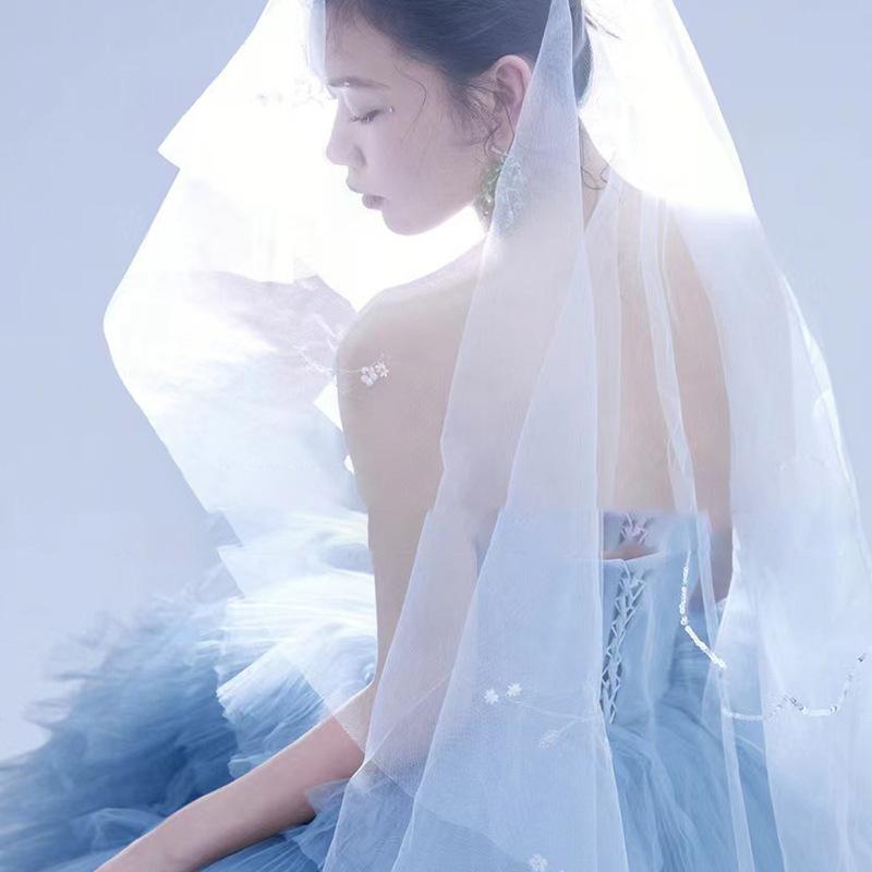 Blue Wedding Dress 2025 New Clothing Street Shot Puffy Gauze Skirt One-word Shoulder Wedding Dress