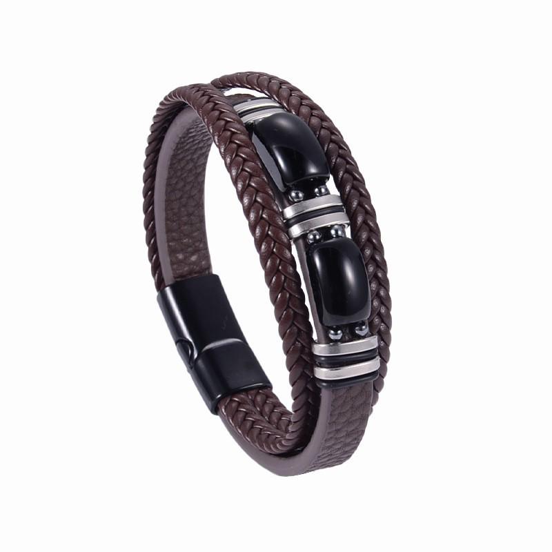 Men's Tiger Eye Woven Leather Bracelet - European & American Retro Style with Stainless Steel Handmade Jewelry.