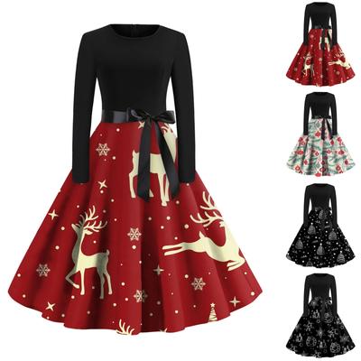 Women Vintage Long Sleeve Christmas Printed Housewife Evening Party Prom Dress