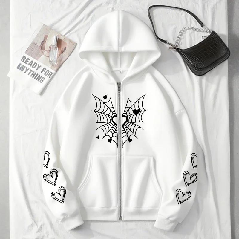 2026 Hot Sale Women's Hoodie Cute Spider Web Heart Print Zip-up Sweatshirt Fall Winter Female Urban Casual Fashion Hooded Jacket