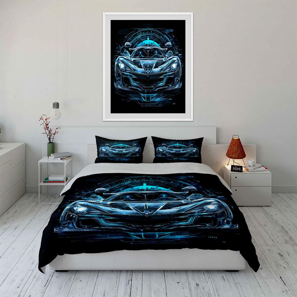 Cyberpunk Neon Blue Hypercar Bedding Set, Futuristic Tunnel Glow Sports Car Front View Print Metallic Cool Microfiber Bed Cover
