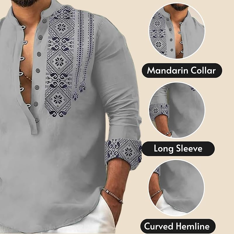 Deelmo Men' Cotton Blend Mandarin Collar Self One Design Full Sleeve Casual Short Kurta (Large, Rama)