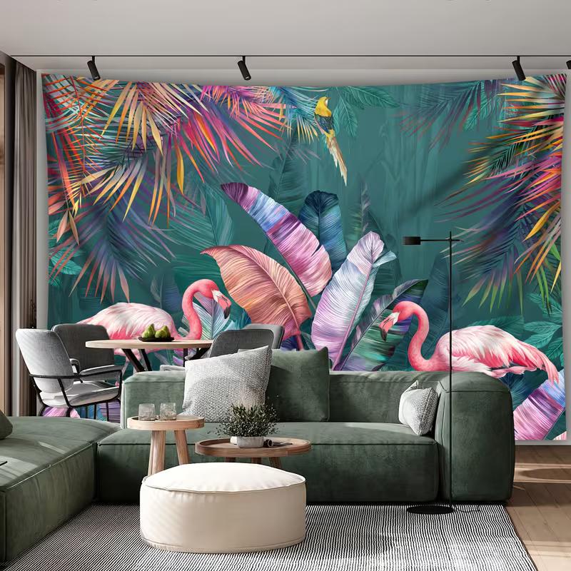 2D Watercolor Flamingo Tapestry Tropical Jungle Scene Wall Hanging