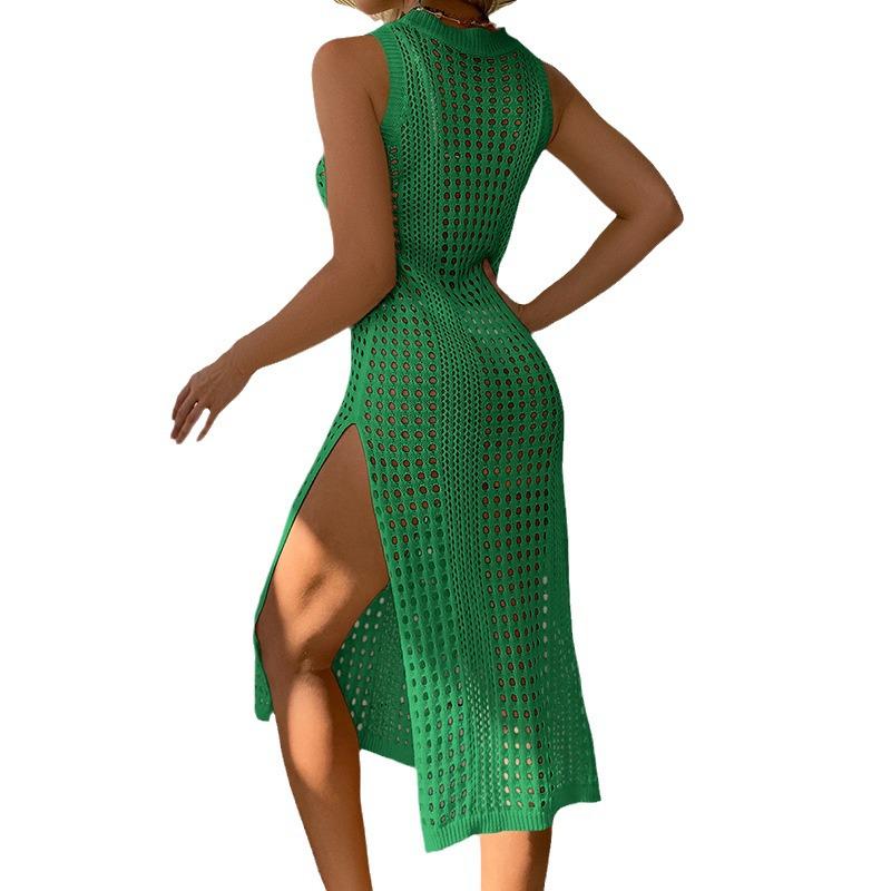 Cross-border Vacation Sexy Knit Sleeveless Dress: Solid Color, Round Neck, Breathable, High Slit, Beach Cover-up