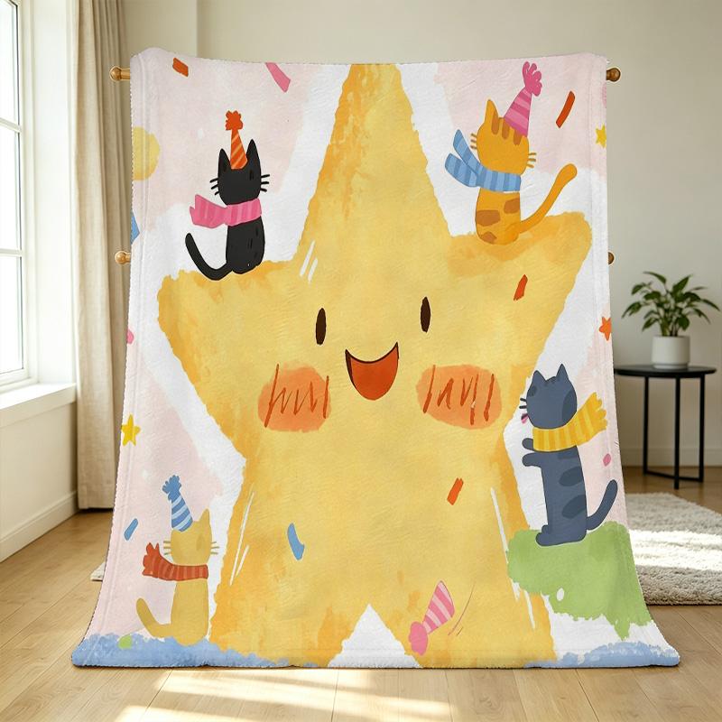 Cartoon Cat & Star Print Flannel Fleece Blanket Ultra Soft, Skin-Friendly Warm Cozy Throw for Home, Couch, Napping, Christmas & Halloween