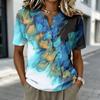 Women Short Sleeve Cotton Linen Shirt Henley Button Neck Casual Loose Fit Printed Blouse Summer Top