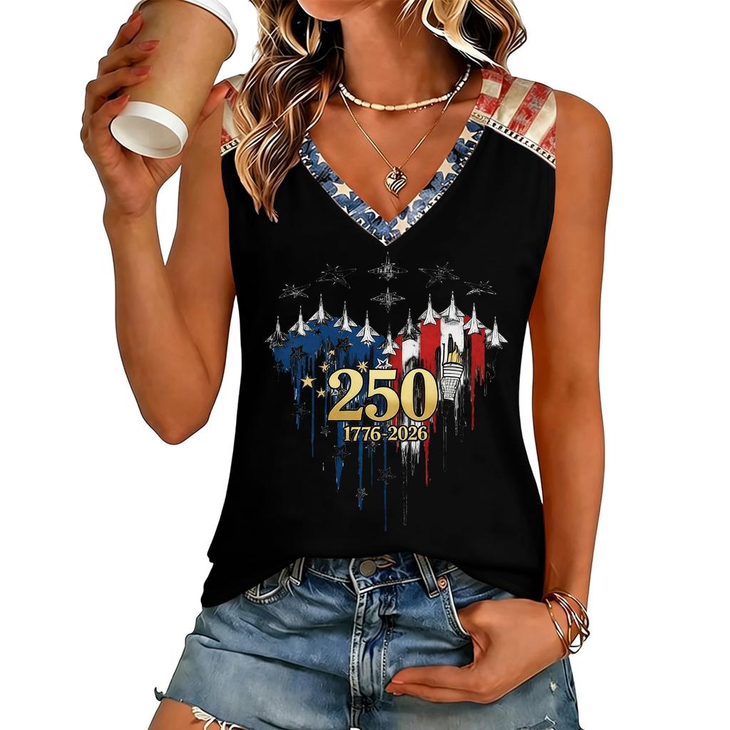 Women’s V Neck Sleeveless Casual Independence Day Butterfly Print Top Patriotic Holiday Tank Shirt for Summer Outings