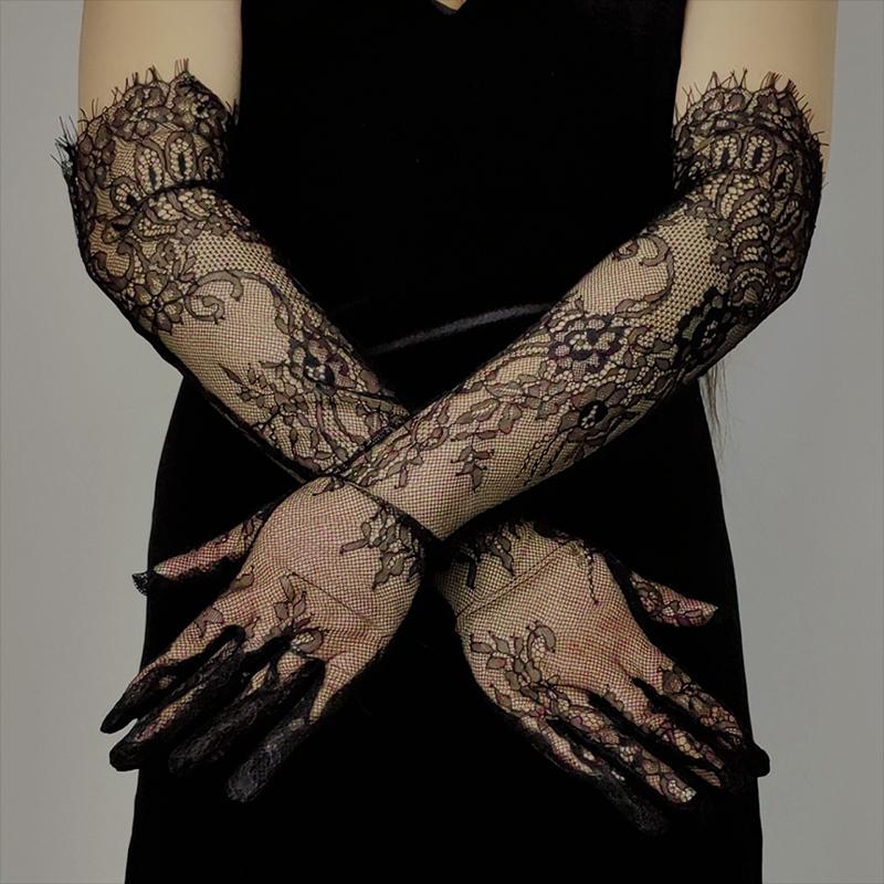 Tulle Bridal Wedding Elbow Opera Party Costume Accessories Thin Transparent Hollow Out White Long Lace Sexy Mesh Eyelash Gloves