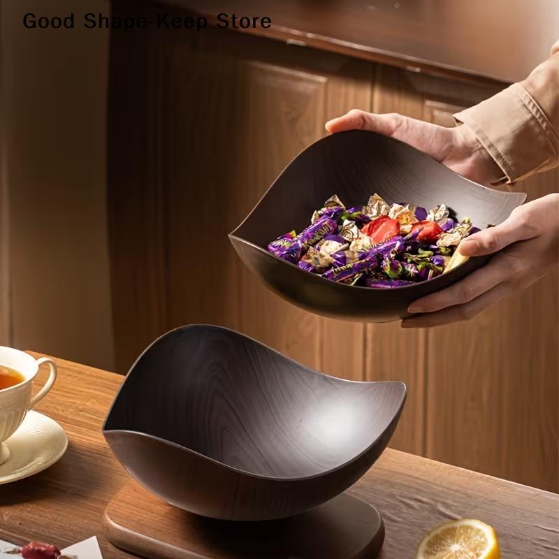 Large Plastic Party Table Salad And Fruit Bowl, Suitable For Parties And Gatherings.Candy Container, Wood Grain Finish