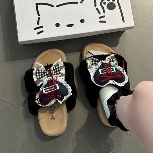Cute Girl Heart Bow Fluffy Shoes Women's Autumn and Winter Fashion Korean Version Retro Thick-soled Cotton Slippers Tide