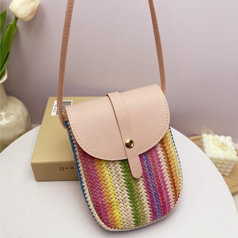 Straw Bag Women's New Niche Color Woven Women's Shoulder Messenger Bag Casual Contrasting Color Mobile Phone Bag Women