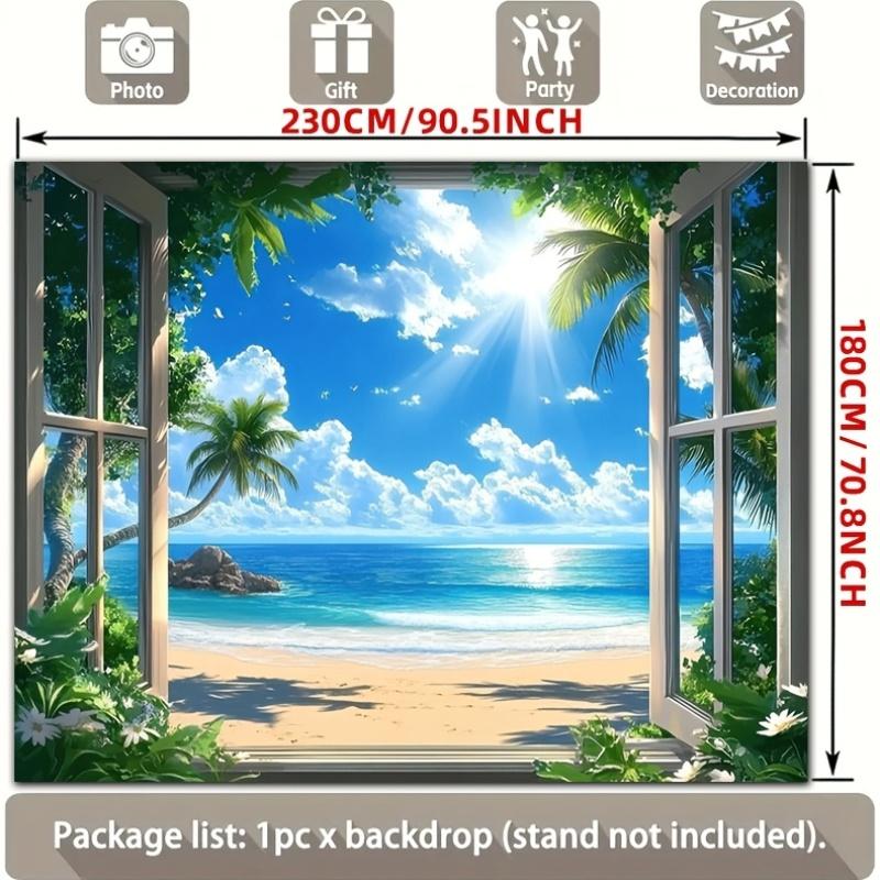 2D flat banner  1 piece. Tropical beach window scene with palm tree landscape art polyester background fabric.