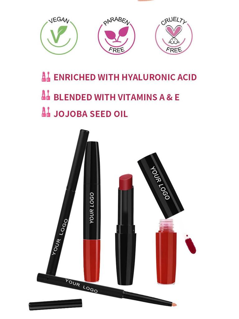 Three-in-One Matte Lipstick Set: Lipstick, Lip Liner, and Moisturizing Lip Gloss