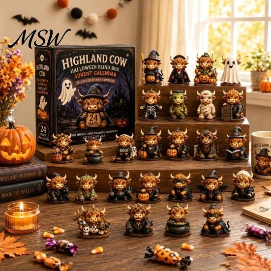 Daily Halloween Unboxing Highland Cow Advent Calendar, 24 Days Countdown Box Creative with 24Pcs Figurines, Spooky Decorations Collectibles