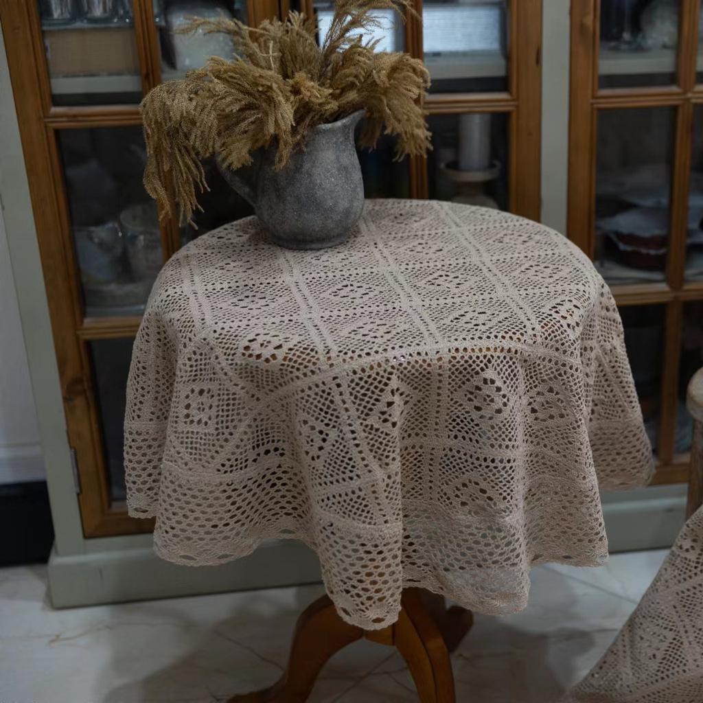Round Tablecloth Imitation Crochet Forest Style Hollow Lace Coffee Table Cover with High Aesthetic Value Photo Background