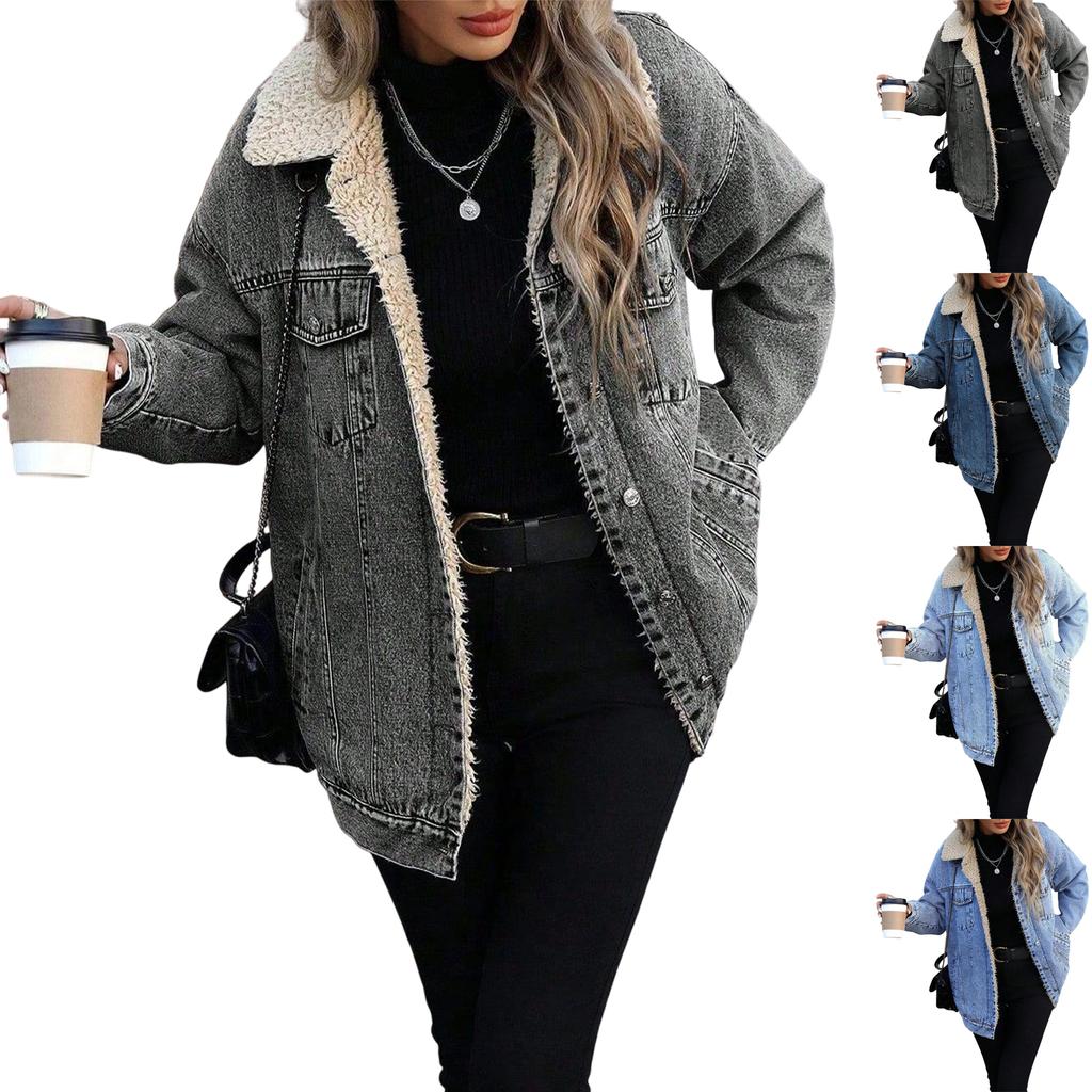 Women's Casual Fashion Long-sleeved Solid Color Loose Plus Velvet Denim Cotton Coat Denim Jacket