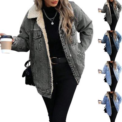 Damen Casual Mode Langärmliger Einfarbiger Lockerer Plus Samt Denim Baumwollmantel Jeansjacke