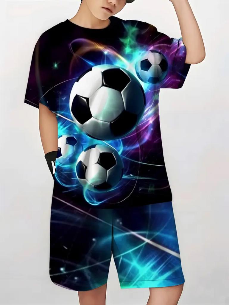 Fußballtrikot Jungen Set Mode Fußball Print Sommer Sportset Locker Atmungsaktiv Kinder Oberteile Freizeit Leicht Jungen Kleidung