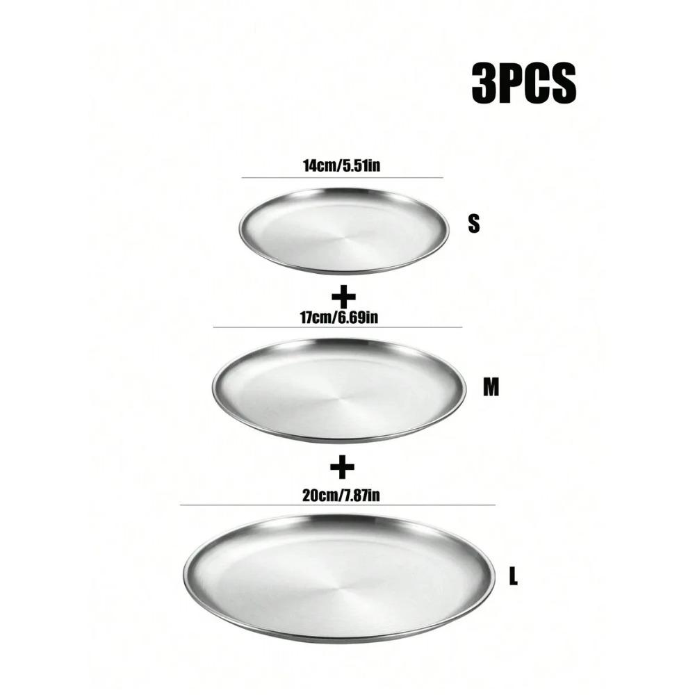 1/3pcs Stainless Steel Plate, Metal Round Dinner Plate Dessert/Salad Plate, Suitable for BBQ, Camping, Picnic, Party, Home Use