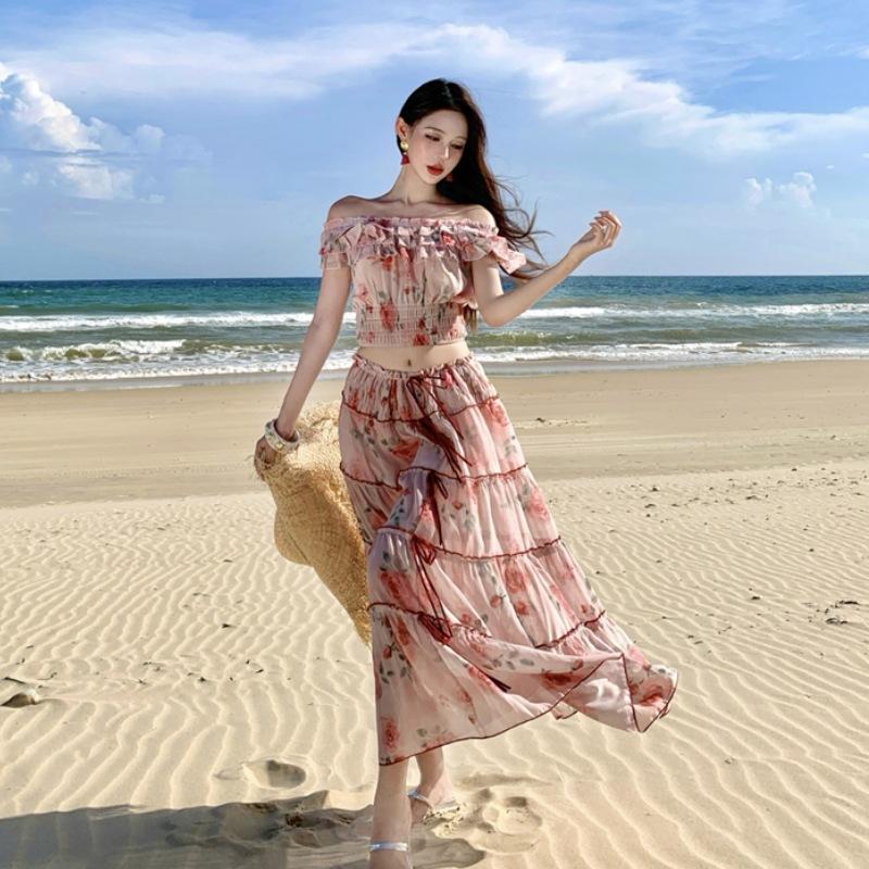 1011 Large Size French Pure Lotus Leaf Edge Shoulder Top Women's Summer Slightly Fat Vacation Skirt Floral Suit