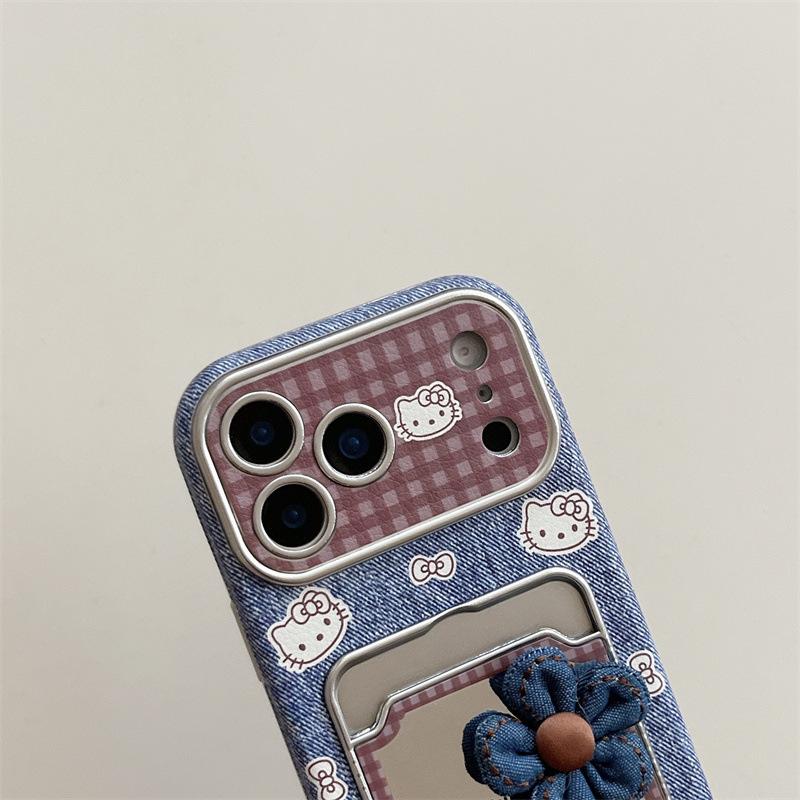 Mirror Card Pack KT Cat for iPhone17pro Phone Case Apple 16pro Denim Pattern 15pro Lanyard 14p