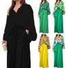 2Pcs/Set Simple Lapel Leaves Print Shirt Long Pants Set Long Sleeve High Waist
