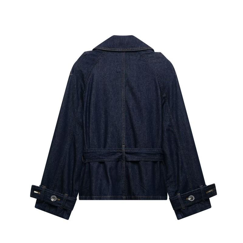 Womens Short Denim Trench Coat French Blue Belt Wide Leg High Waist Design Casual Wear