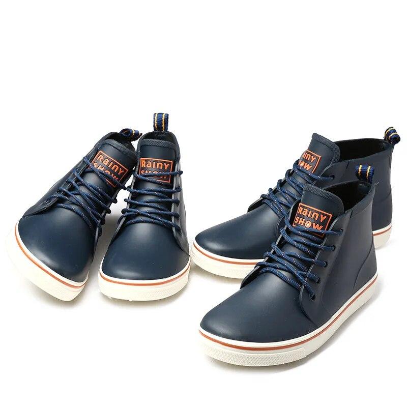 New Lovers Lace-up Rain Boots Men Outdoor Non-slip Waterproof Work Water Boots Fashion Couple's Ankle Platform Rainboots