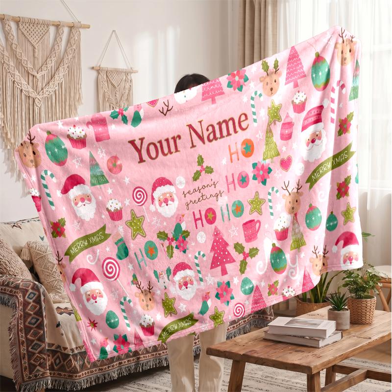 Couverture en Flanelle Personnalisée avec Nom Imprimé de Noël Confort Chaud Jeté de Lit Décoration de Maison Cadeau de Fête