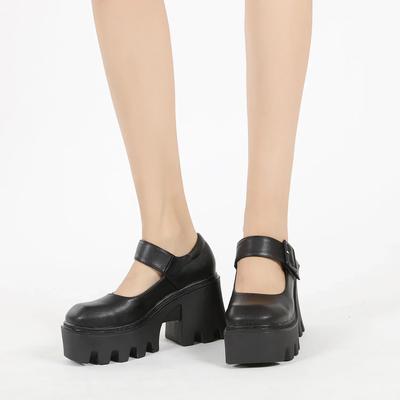 Mode Talons Hauts Mary Jane Chaussures pour Femmes Bout Carré Petite Augmentation Petites Chaussures en Cuir Semelle Muffin Talon Épais Chaussures Simples Femmes