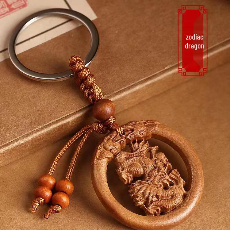 Peach Wood Zodiac Keychains: Year of the Dragon Pendant with Rat, Ox, Tiger Carvings - Carry-on Ornament Gift