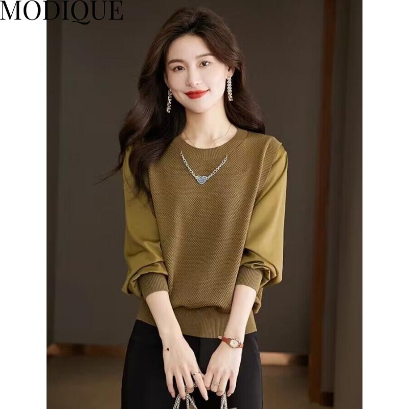 

MODIQUE осень плюс размер новый женский универсальный однотонный вязаный пуловер с ожерельем женская повседневная минималистичная рубашка с длинным рукавом и круглым вырезом M дубильная кора