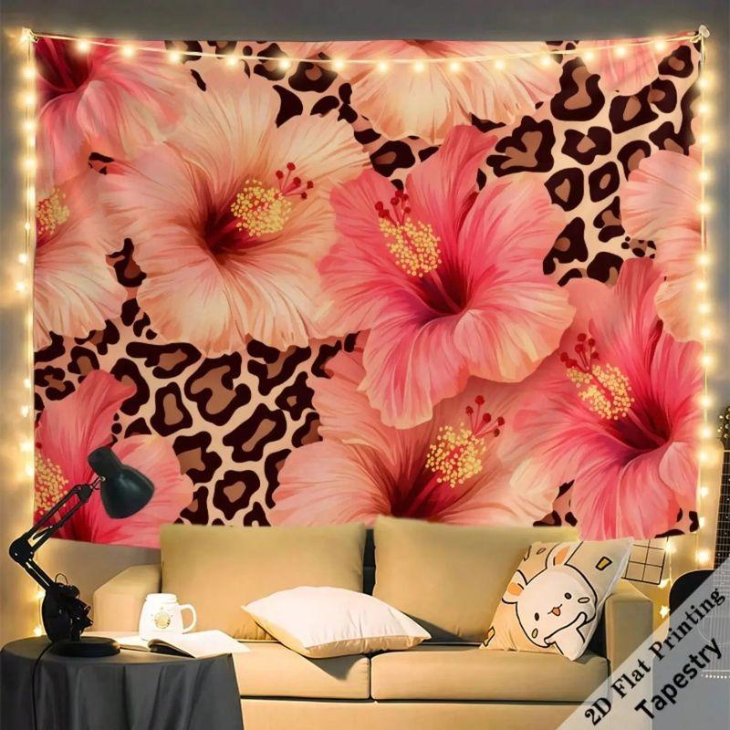 Hibiscus Flower Leopard Print Wall Tapestry Pink Tropical Floral Cheetah Spotted Animal Pattern Beach Bedroom Living Room