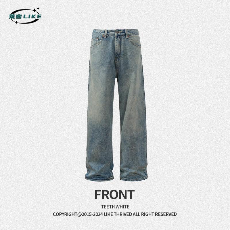 

Autumn And Winter New Men S Denim Pants American Retro Washed Denim Pants Straight Tube Loose Wide Leg Denim Pants 2XL джинсовый синий