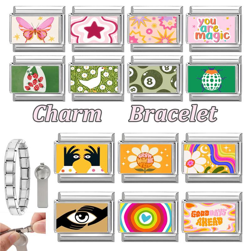 New Creative Swan Flower Eye Ball Star Butterfly Italian Charm Links Fit 9MM Stainless Steel Bracelet Women Men DIY Making Gift