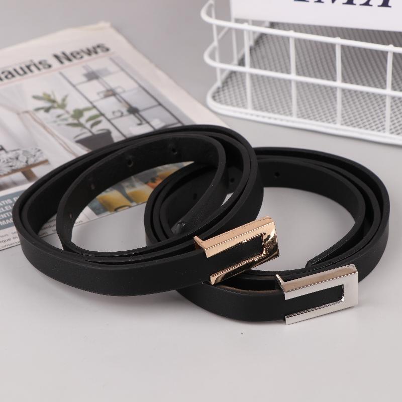 Women Thin Belt Black Gold Silver Metal Buckle Belt Pu Casual Leather Waist Belt Trouser Dress Decoration Waistband
