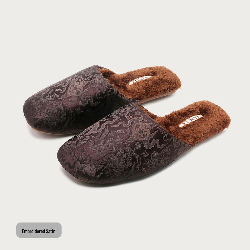 Elegant Winter Indoor Slippers: Embroidered Satin Cotton, Non-Slip Thick Sole, Plus Velvet Warmth for Men & Women