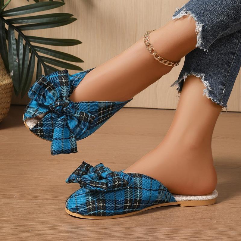 Summer Baotou Slippers Retro New Round Toe Shallow Mouth Cloth Surface Cutout Plaid Bow Soft Sole Non-slip Flats