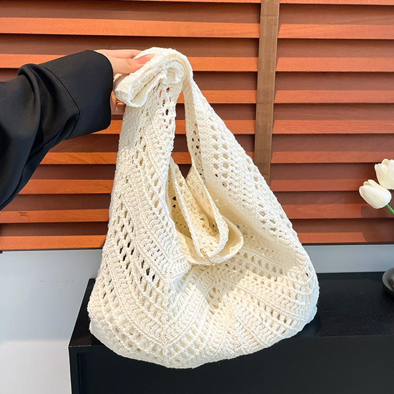 Yogodlns Casual Knitted Tote Bag Women's Summer Fashion Basket Weave Hollow Out Large Capacity Shoulder Bag for Daily Use
