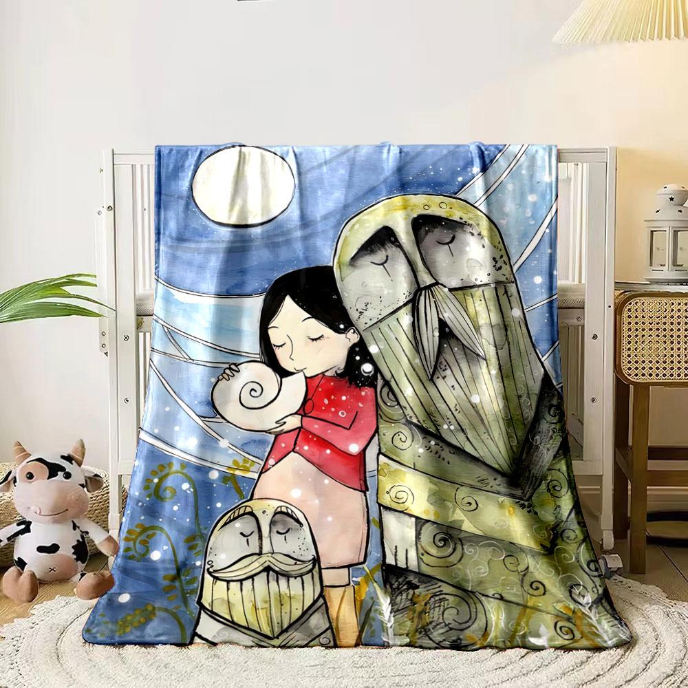 Whimsical figures with swirling patterns under a bright moonlit sky. for all seasons blanket lunch break throw gift