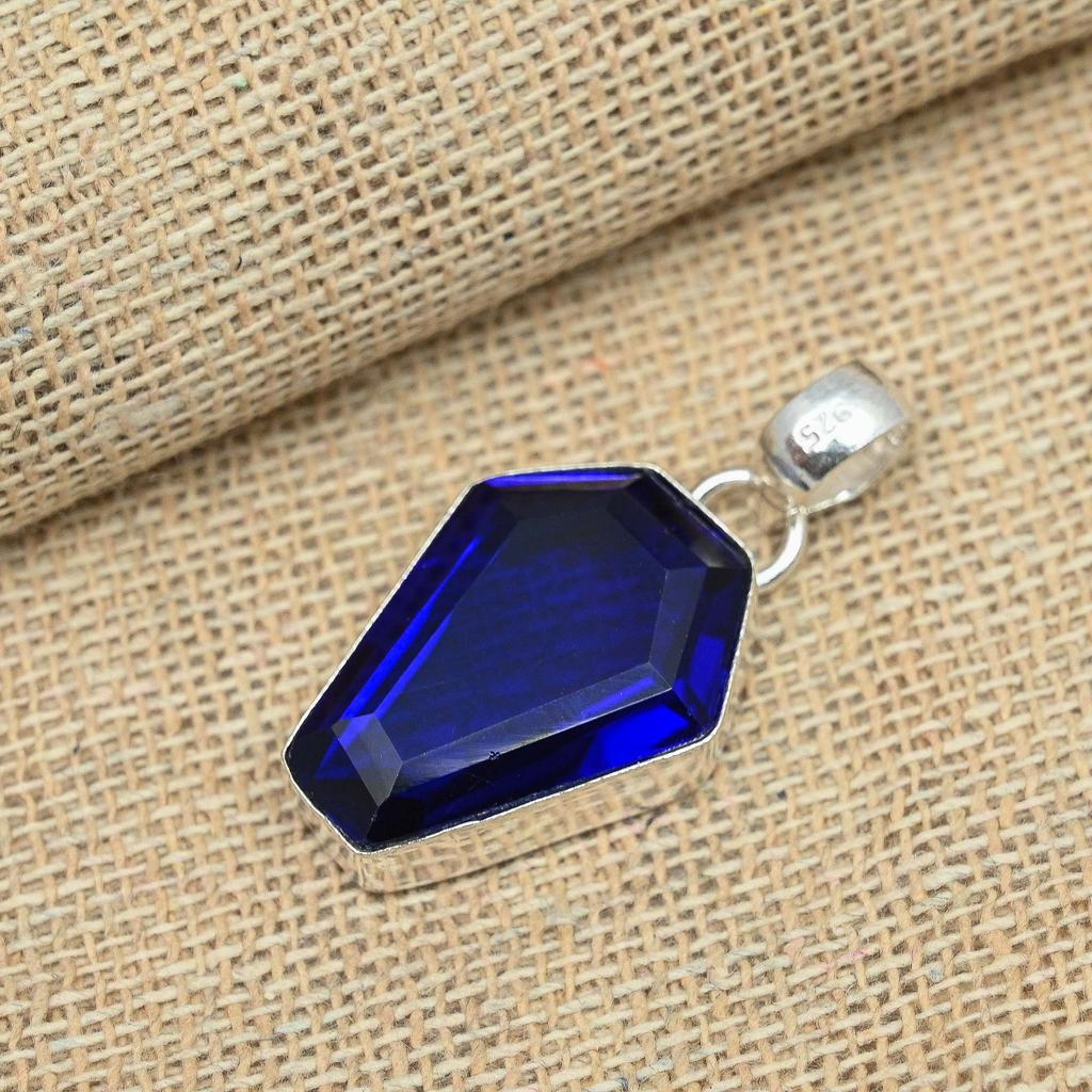Blue Sapphire Lab-Created 925 Sterling Silver Handmade Jewelry Pendant