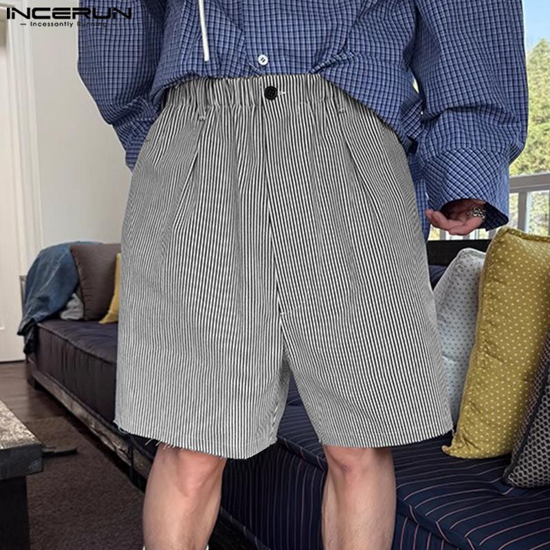 

INCERUN Men Elastic Waist Zipper Striped Loose Casual Half Pants Shorts 5XL