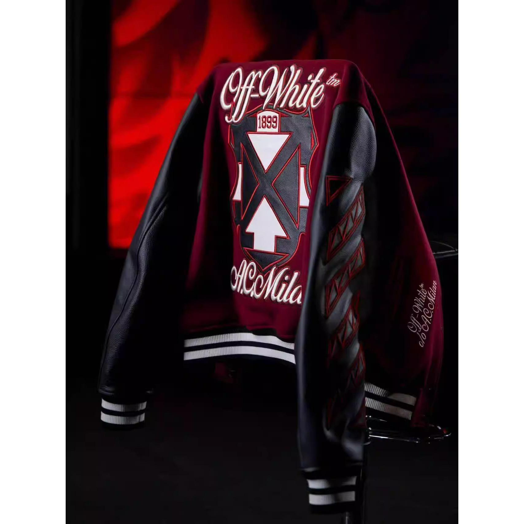 OFF25SS Модная Бело-Красная Кожаная Бейсбольная Куртка с Вышивкой для Пар - Мужская и Женская Короткая L