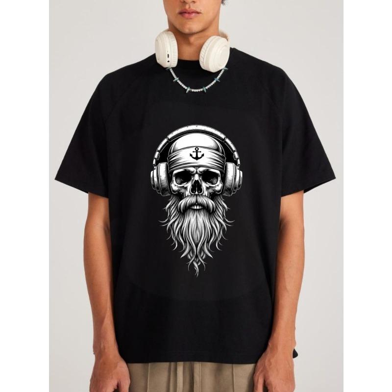 Black T Shirt Men Skull With Beard And Headphones Pirate Anchor Design Casual Streetwear Hip Hop Fashion Summer Wear