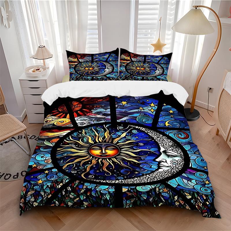 3pcs Anime Cartoon Design Stained Glass Window Panel, Includes One Quilt Cover and Two Pillowcases (No Core), Festive Gift
