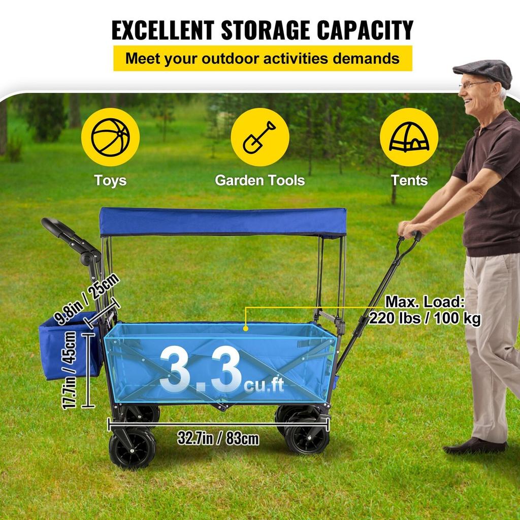 Collapsible Wagon Cart, Foldable Wagon Cart w/ Removable Canopy 600D Oxford Cloth, Collapsible Wagon Oversized Wheels Portable Folding Wagon