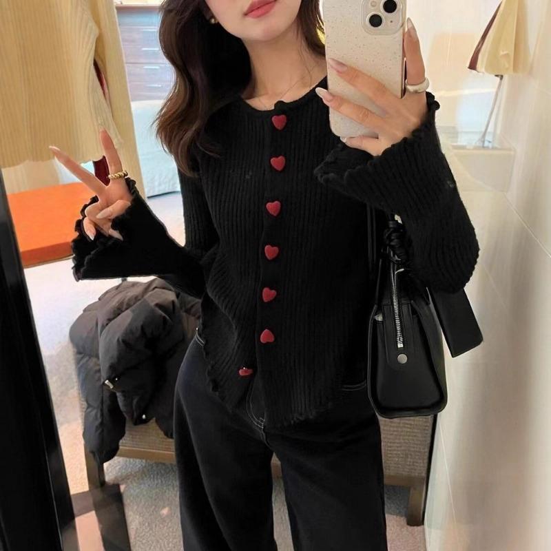 Gentle Wind Knitted Cardigan Women's Autumn and Winter New Round Neck Horn Sleeve Love Buckle Bottoming Sweater Jacket Women
