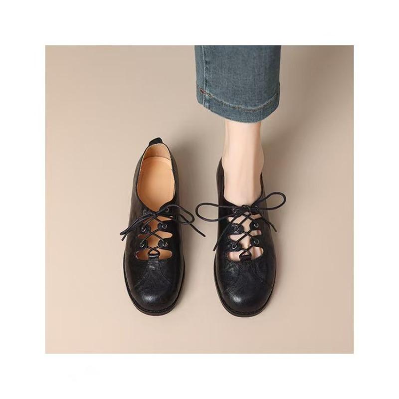 

Fashion NEW Autumn/Spring Women Loafers Round Toe Low Heel Shoes Genuine Leather Shoes for Women Cross-tied Women Pumps Handmade Shoes 35 чёрный
